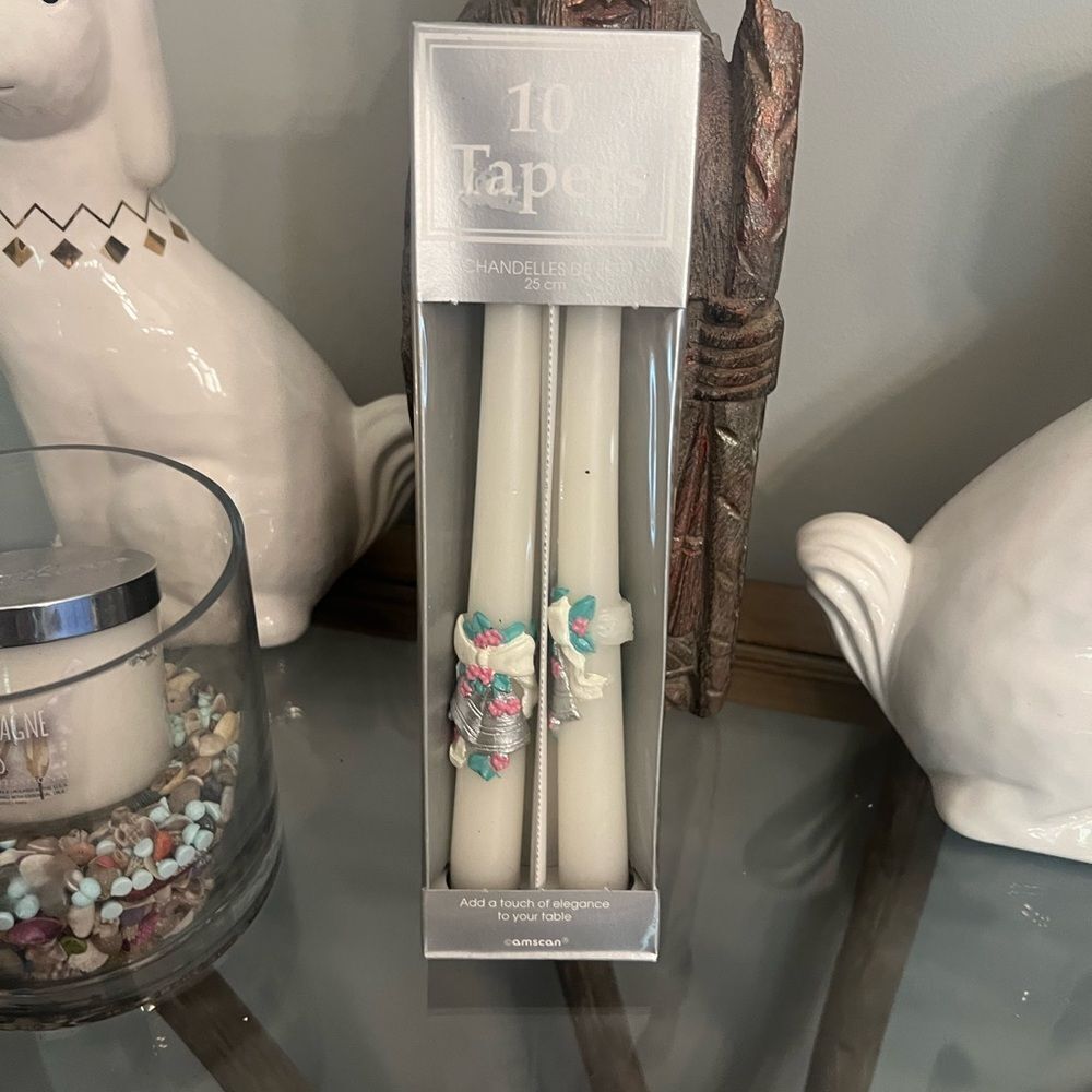 Wedding Bells Vintage 10” Cream Taper Candles with Floral Details.